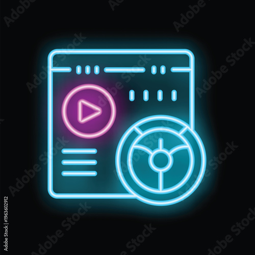 Bright glowing neon icon of a steering wheel over a website interface, representing online gaming platforms or driving lessons