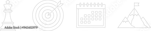 Business strategy icons, targets, calendar, pyramid, chess piece, line art isolated on Transparent Background