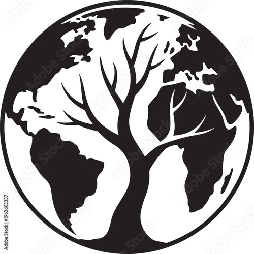 Black and white icon illustrating the Earth with a large tree growing from continents representing global reforestation efforts