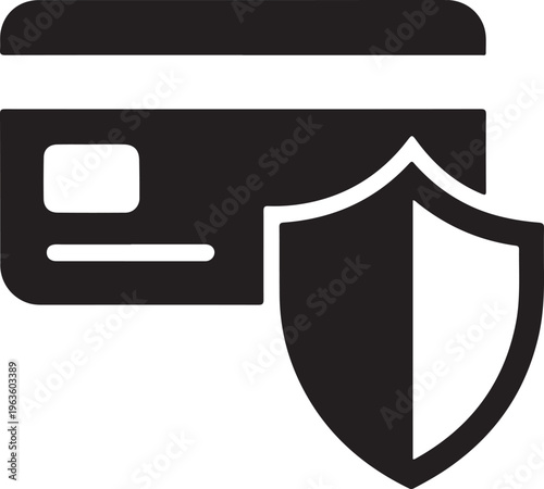 Black icon featuring a credit card protected by a shield representing secure online payments and financial safety