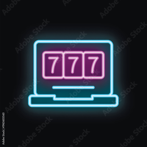 Neon slot machine showing seven jackpot on a laptop screen, concept for online casino and gambling