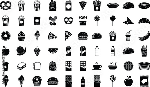 Set of diverse food and drink icons, black silhouette symbols for restaurant menus and digital apps