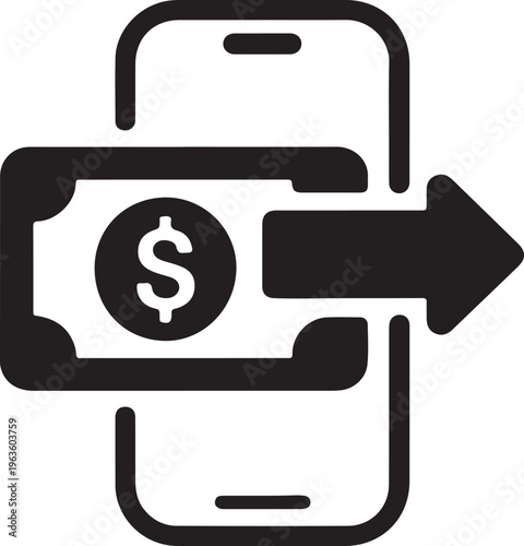 An isolated icon illustrates a smartphone with a dollar bill and an arrow for mobile payments or outgoing transactions