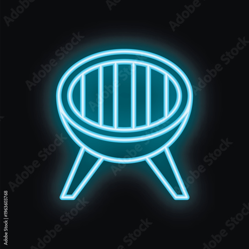 Glowing neon line icon of brazier with round grid for cooking on firewood isolated on black background