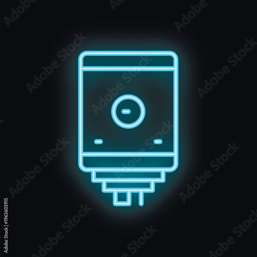 Neon icon of a modern boiler glowing blue against a black background