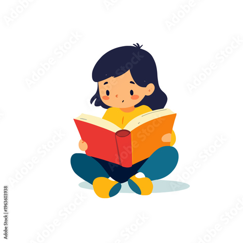 Girl Reading Book Illustration. Cute Little Girl Studying Education, Homeschooling and Child Development Concept. Cartoon Style Character With Book in Hands on White Background, Vector Art