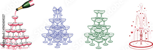 Champagne Tower Vector Set with Glass Pyramid Stacks, Sparkling Wine Pouring, and Celebration Fountain Illustration for Wedding, Party, and Festive Event Design Projects
