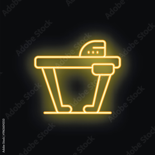 Yellow glowing neon icon representing an ironing board with an iron placed on top, useful for laundry and housekeeping concepts