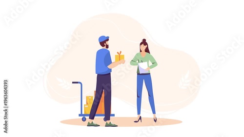 Flat animation of courier delivering gift box to customer with shopping bag