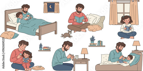 Father and Daughter Daily Life Activities Set with Reading, Feeding, Bedtime Routine and Caring Moments, Parenting Bonding, Family Love and Childcare Illustration Collection