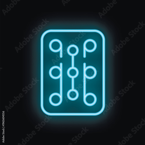 Blue neon sign representing a mixing console, with faders and knobs, on a black background