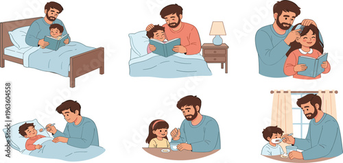 Father Caring for Child Daily Activities Set with Feeding, Reading, Grooming and Bedtime Routine, Parenting Bonding Moments, Family Love and Childcare Illustration