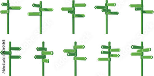 Green Direction Signpost Icon Set with Multiple Arrow Boards Wayfinding Symbols Navigation Guideposts Vector Illustration Collection for Maps Travel and Road Design