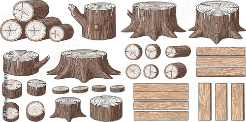 Hand Drawn Wood Log and Tree Stump Collection with Detailed Bark Texture Timber Planks and Rustic Forest Elements Vintage Engraving Vector Illustration Set