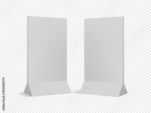 Table tent display, promotional stand for showcasing product or designs. White blank boards offer visual preview for marketing presentations.
