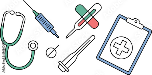 Medical tools outline set with stethoscope, syringe, thermometer, and clipboard on transparent background.