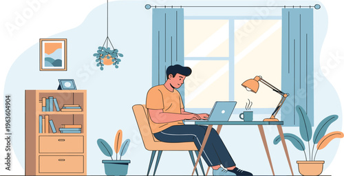Man Working from Home on Laptop in Cozy Home Office Workspace with Modern Interior, Remote Work Lifestyle, Freelance Productivity and Indoor Desk Setup Illustration