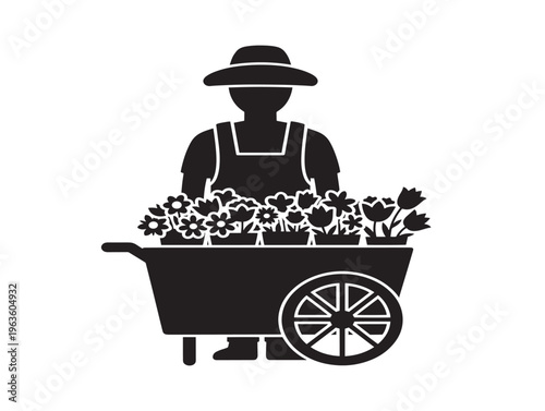 Authentic street flower vendor silhouette with rustic market stall display