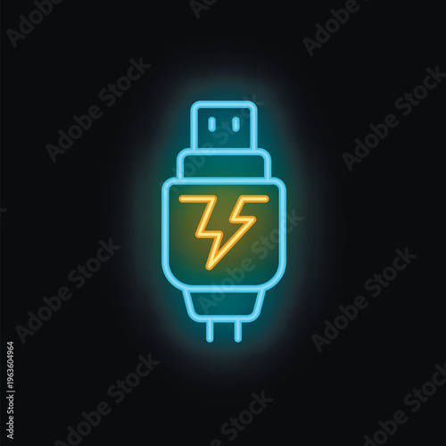 Neon icon of a usb flash drive with a lightning bolt symbol glowing against a black background