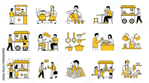 flat design illustration of diverse professionals in various work-from-home and office collaboration activities