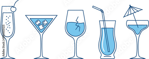 Cocktail Glass Vector Set with Minimal Line Art Drinks Including Martini, Wine, Champagne, and Tropical Beverages for Bar Menu, Party, and Beverage Design