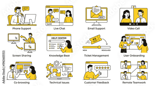 Collection of colorful flat design icons depicting various business roles and teamwork activities, ideal for corporate presentations, HR materials, and workplace diversity illustrations.