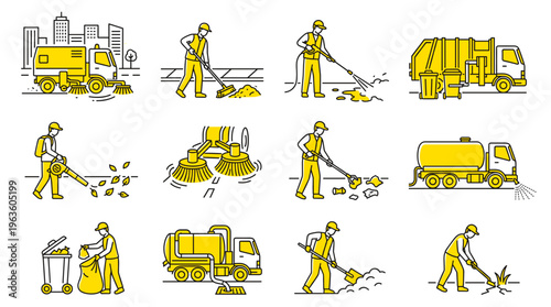 Flat design illustration of urban sanitation workers cleaning streets and public areas with equipment