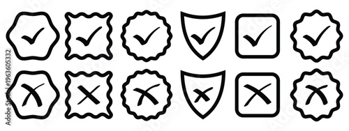 Check mark for website icon vector set. Check tick mark icon set. Cross box x check mark checkbox v list draw hand drawn sketch doodle brush marker checklist symbol wrong right circle.