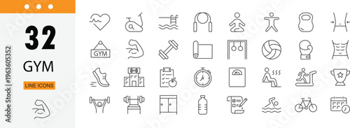Gym icons set representing exercise, fitness training, equipment, workout, strength and healthy lifestyle concepts . Editable Stroke.