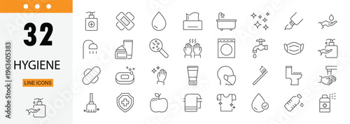 Hygiene icons set representing cleanliness, sanitation, washing, health care, protection and personal hygiene practices. Editable Stroke.