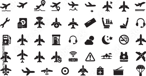 Travel and aviation icon set, airplane flight symbols for airport departures, navigation and airline services
