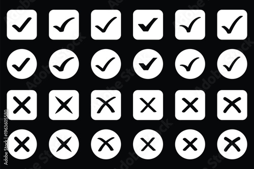 Check Mark Icons in Circle – Editable Stroke Tick Symbol Set. Red cross and green check mark icons correct incorrect symbols approval rejection concept vector illustration isolated modern flat design.