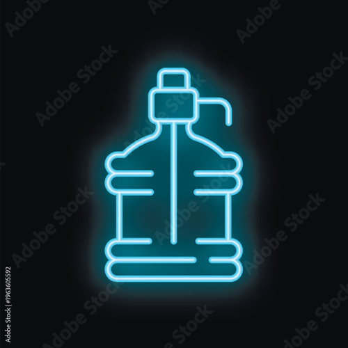 Blue neon sign illustrating a water cooler bottle on black background