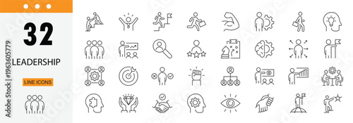 Leadership icons set representing management, team guidance, decision making, authority, motivation and corporate leadership concepts. Editable Stroke.
