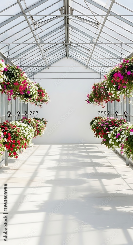 Fototapeta premium Bright greenhouse interior with rows of vibrant hanging flowers in bloom creating a beautiful floral display and a pathway for visitors