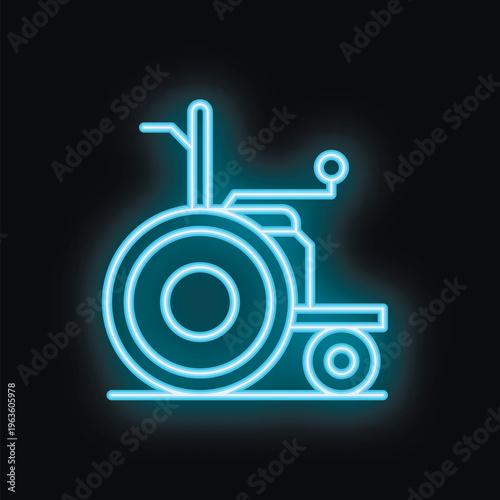 Blue neon sign showing a wheelchair on a black background