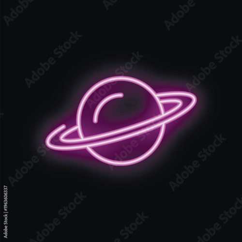 Neon purple icon of a planet with a ring orbiting around it on a black background