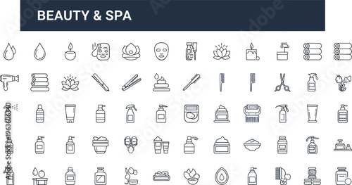 Beauty and spa line icons set including skincare cosmetics massage candle wellness products outline vector collection modern design style