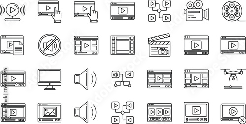 Media player and video streaming line icons set including play button audio film interface outline vector collection modern design