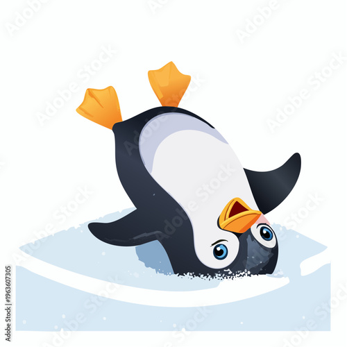 Pinguin fällt rückwärts in den Schnee