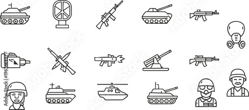 Military vehicles and weapons line icons set including tanks rifles helicopter soldier gas mask defense equipment outline vector collection