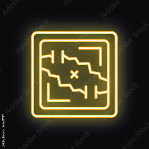Glowing neon icon of a treasure map showing the route to the loot, isolated on a black background
