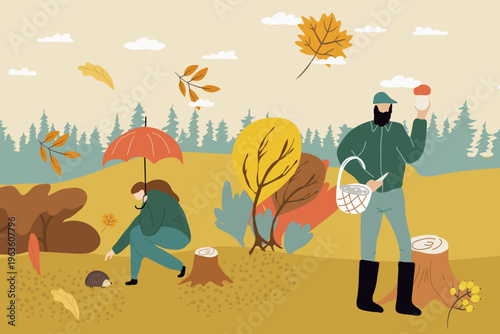 Autumn illustration with people in nature, hand drawn, flat vector art.