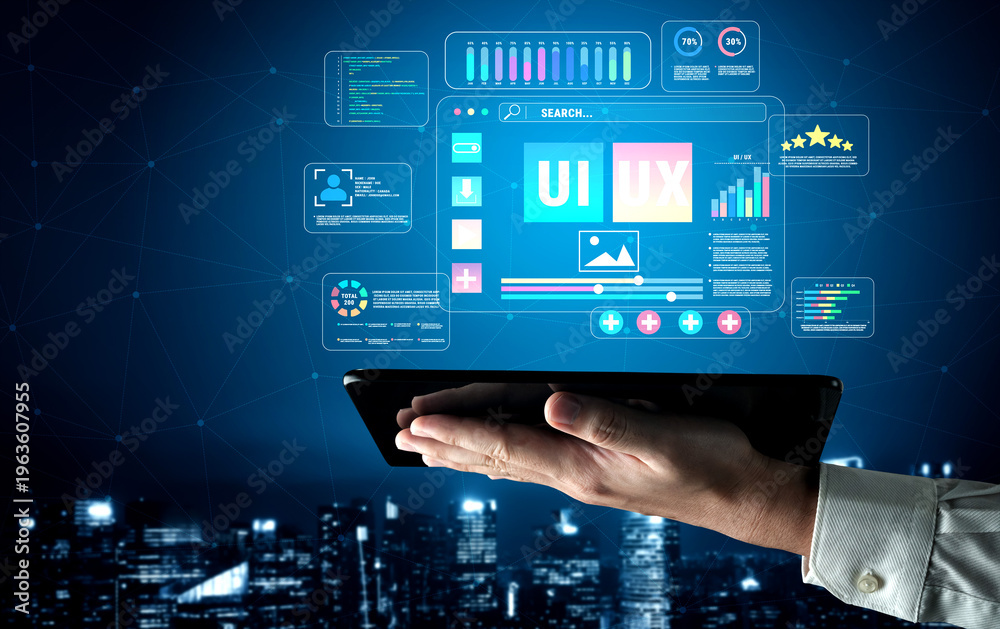 Obraz premium Futuristic Interface Design Representation with Hand Holding Tablet Showing Data Analytics and UI Elements Over Cityscape Background Quark.