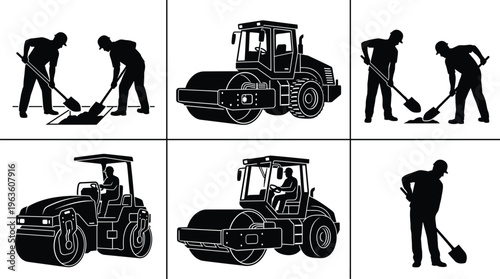Detailed Construction Silhouettes Featuring Road Roller Machinery Operators and Workers with Shovels for Paving Roadwork Civil Engineering Site Maintenance and Industrial Infrastructure Development