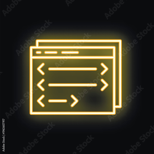 Glowing yellow neon icon of website browser windows with arrows representing navigation between pages on a black background
