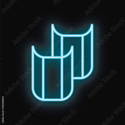 Glowing blue neon icon of two credit cards is showing cashless payment for online shopping on black background