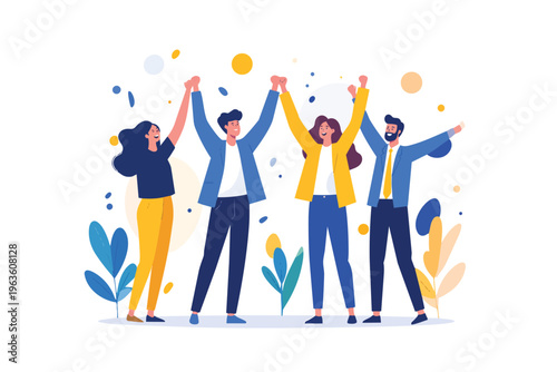 Billede på lærred Successful teamwork and big win concept with joyful male and female characters