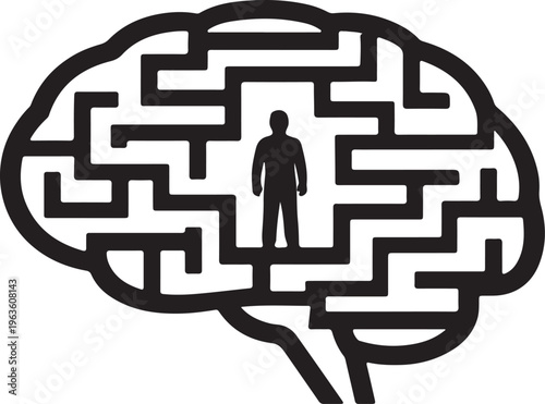 Overthinking and Problem Solving Concept Silhouette, Person Trapped in Brain Maze, Mental Confusion Vector Illustration
