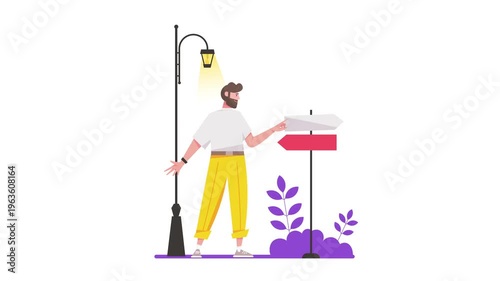 Animated man choosing direction beside street sign under lamplight